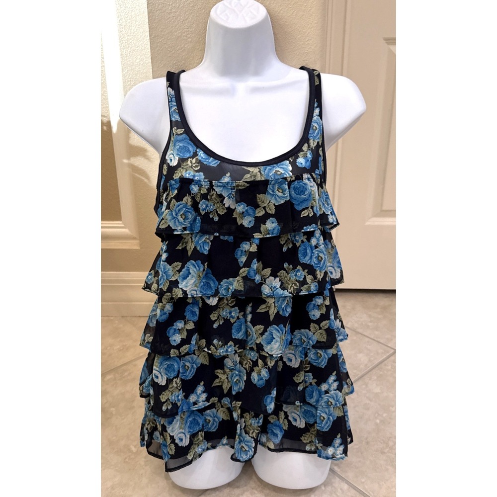 Abercrombie & Fitch Tank Top Women's Size M Blue Ditsy Floral Cami Tiered Ruffle